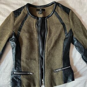 H&M Black and Green Leather Jacket with Ribbed Details